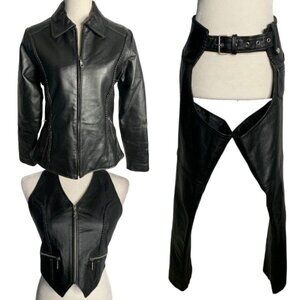 Vintage 90s Bikers Club Leather Riding Set XS Black Jacket Chaps Vest Motorcycle